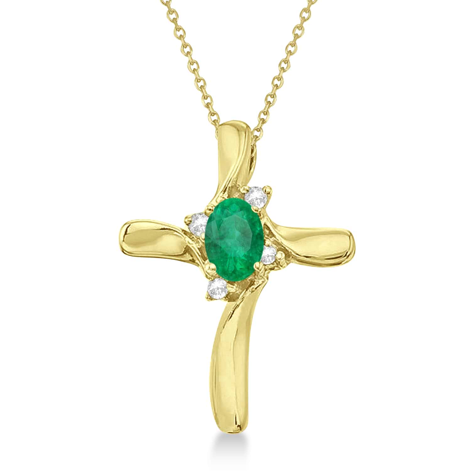 Emerald and Diamond Cross Necklace Pendant 14k Yellow Gold (0.50ct)