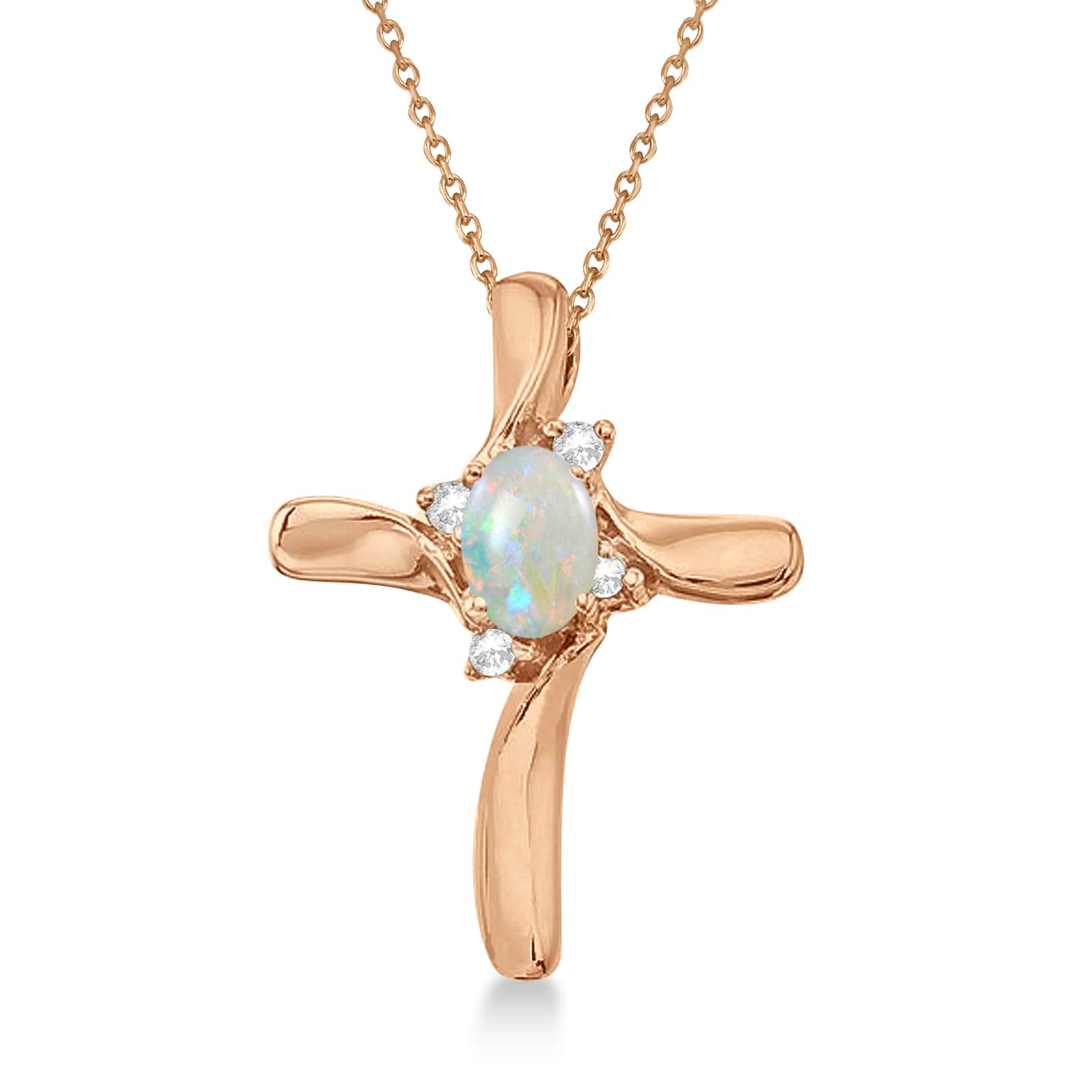Opal and Diamond Cross Necklace Pendant 14k Rose Gold (0.50ct)