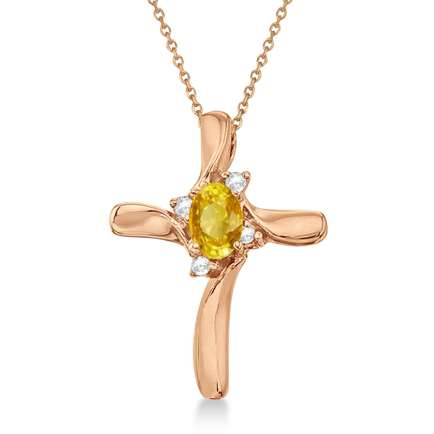 Yellow Sapphire and Diamond Cross Necklace Pendant 14k Rose Gold (0.50ct)