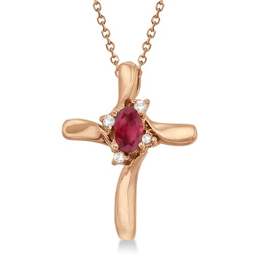 Ruby and Diamond Cross Necklace Pendant 14k Rose Gold (0.50ct)