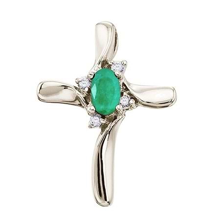 Emerald and Diamond Cross Necklace Pendant 14k White Gold (0.50ct)