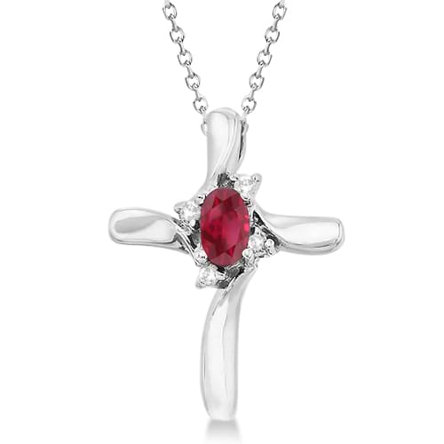 Ruby and Diamond Cross Necklace Pendant 14k White Gold (0.50ct)