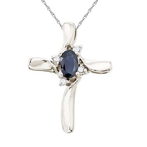 Blue Sapphire and Diamond Cross Necklace Pendant 14k White Gold (0.50ct)