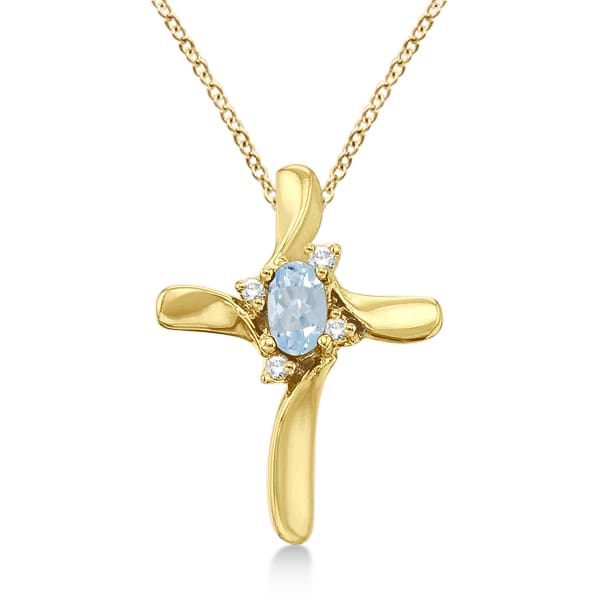 Aquamarine and Diamond Cross Necklace Pendant 14k Yellow Gold (0.50ct)