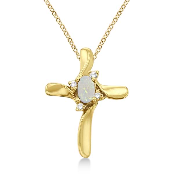 Opal and Diamond Cross Necklace Pendant 14k Yellow Gold (0.50ct)