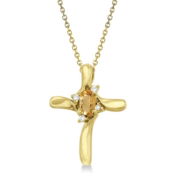 Oval Citrine and Diamond Cross Necklace Pendant in 14k Yellow Gold (0.50ct)