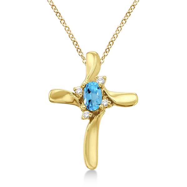 Blue Topaz and Diamond Cross Necklace Pendant 14k Yellow Gold (0.50ct)