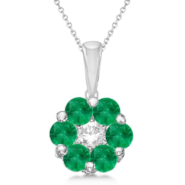 Flower Diamond & Emerald Pendant Necklace 14k White Gold (0.92ct)