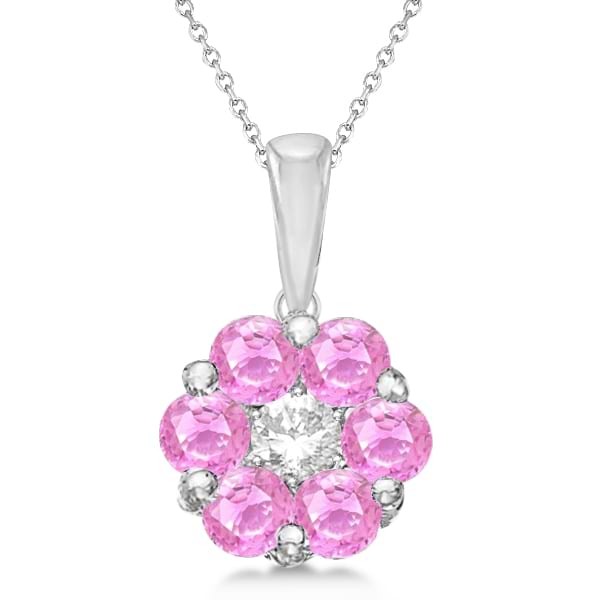 Flower Diamond & Pink Sapphire Pendant Necklace 14k White Gold (1.40ct)