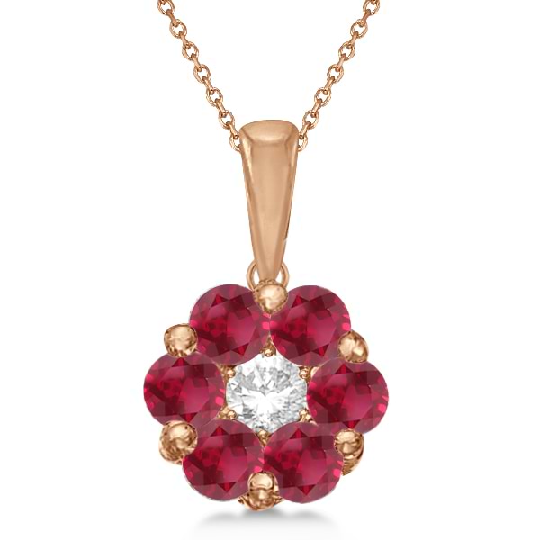 Cluster Flower Diamond & Ruby Pendant Necklace 14k Rose Gold (1.40ct)