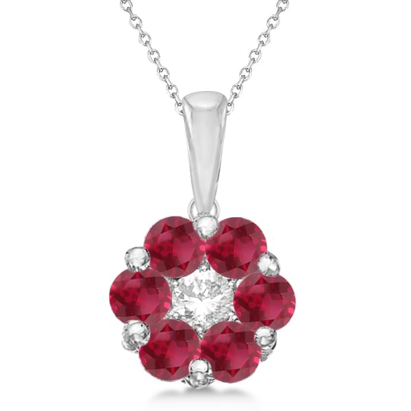 Cluster Flower Diamond & Ruby Pendant Necklace 14k White Gold (1.40ct)