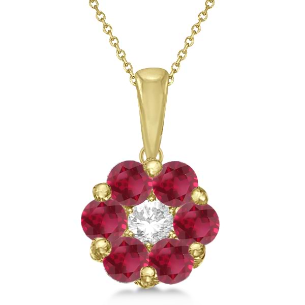 Cluster Flower Diamond & Ruby Pendant Necklace 14k Yellow Gold (1.40ct)