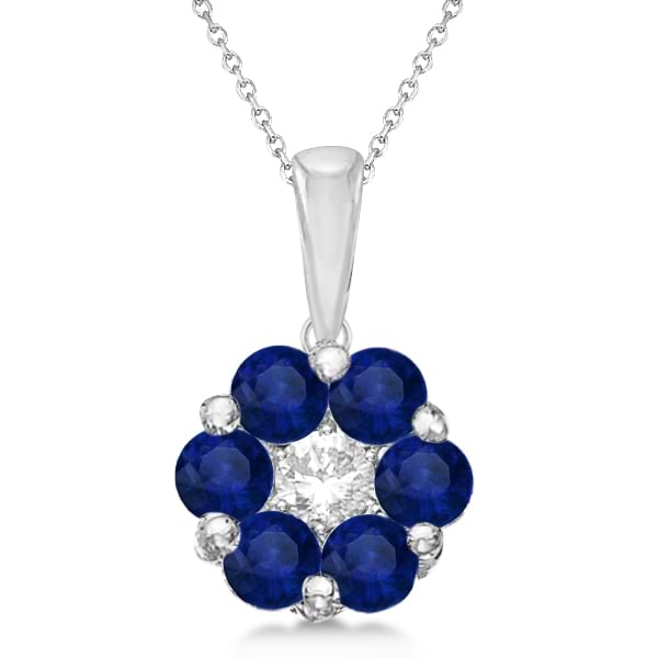 Flower Diamond & Blue Sapphire Pendant Necklace 14k White Gold (1.40ct)