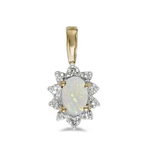 Oval Opal & Diamond Flower Shaped Pendant Necklace 14k Yellow Gold