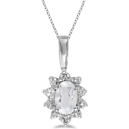 Oval White Topaz & Diamond Flower Shaped Pendant Necklace 14k W Gold