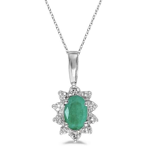 Oval Emerald & Diamond Flower Shaped Pendant Necklace 14k White Gold