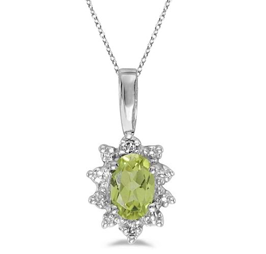 Oval Peridot & Diamond Flower Shaped Pendant Necklace 14k White Gold