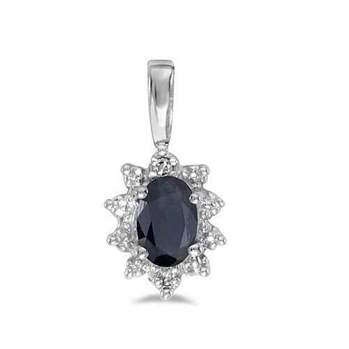 Blue Sapphire & Diamond Flower Shaped Pendant Necklace 14k White Gold