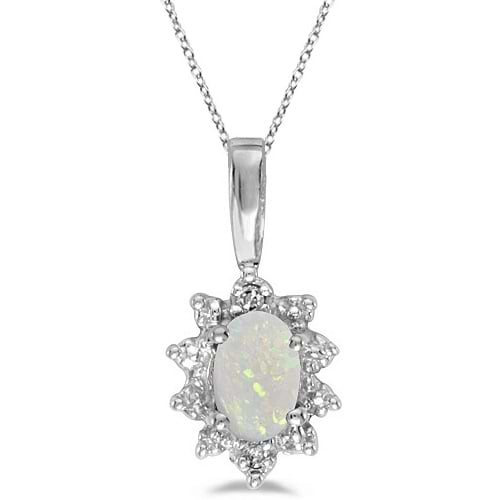 Oval Opal & Diamond Flower Shaped Pendant Necklace 14k White Gold