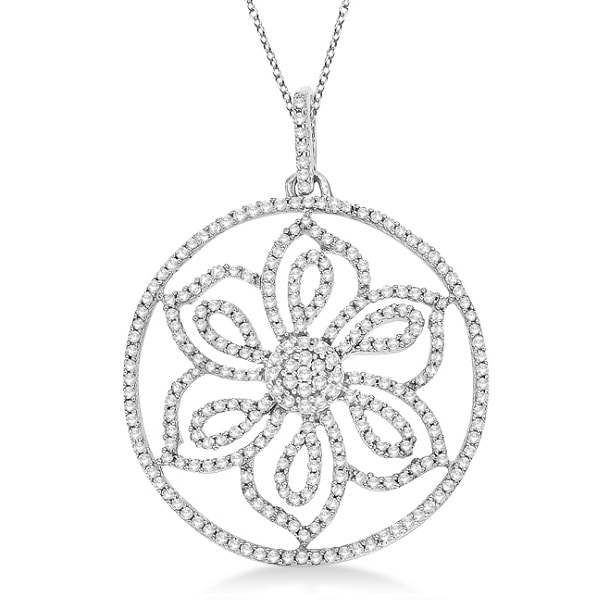 Diamond Circle Flower Pendant Necklace in 14k White Gold (0.50ct)