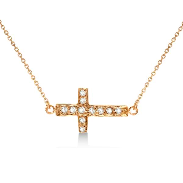 Diamond Sideways Cross Necklace 16" Rope Chain 14K Rose Gold (0.06ct)