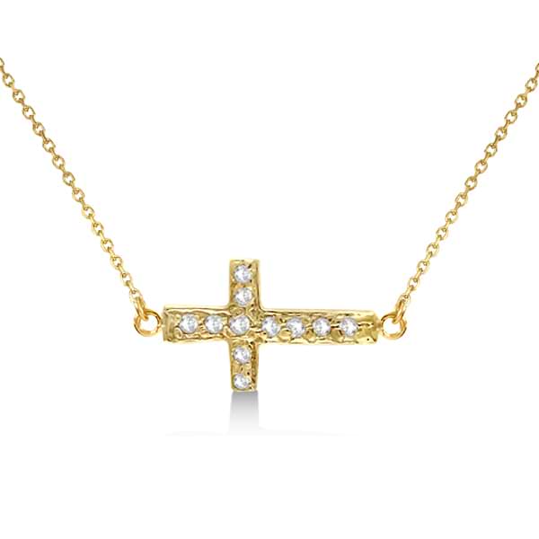 Diamond Sideways Cross Necklace 16" Rope Chain 14K Yellow Gold (0.06ct)