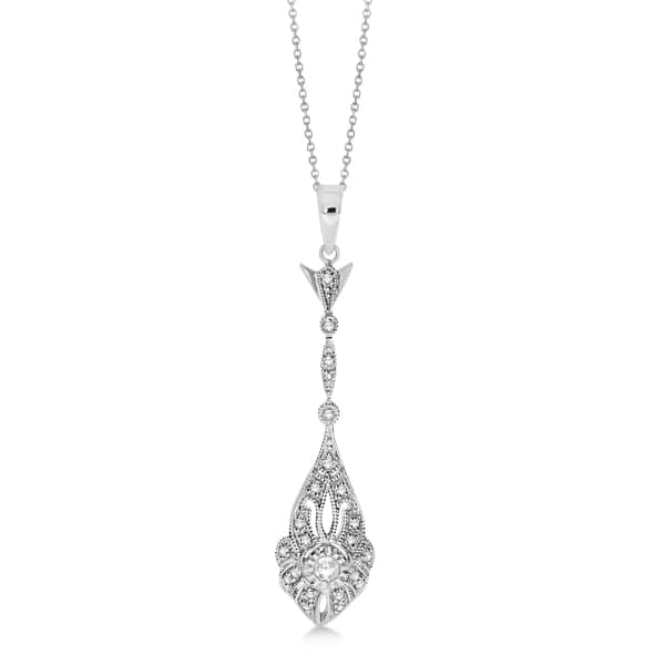 Art Deco, Vintage Style Diamond Drop Necklace 14k White Gold 0.16ct