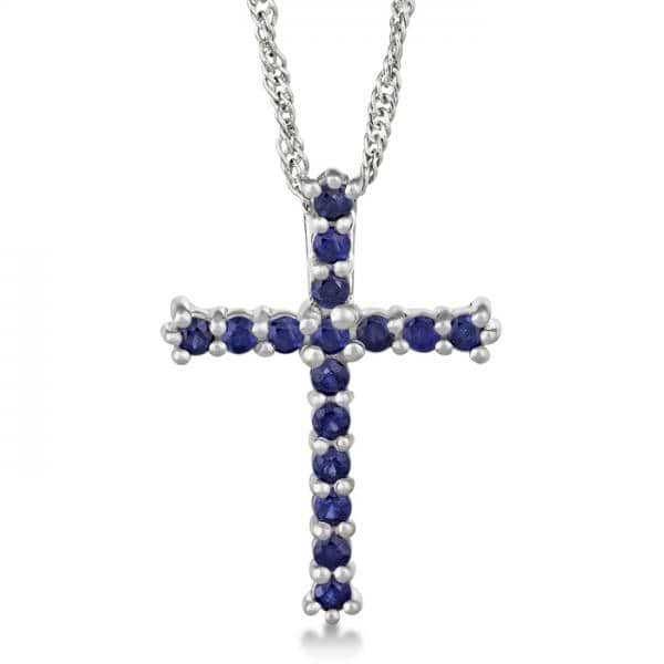 Blue Sapphire Cross Pendant Necklace Sterling Silver (0.80ct)