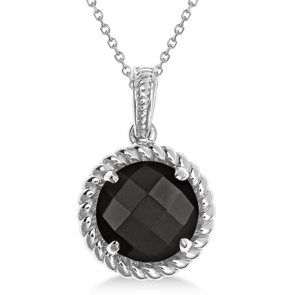 Round Cut Solitaire Black Agate Pendant Necklace in Sterling Silver (5.12ct)