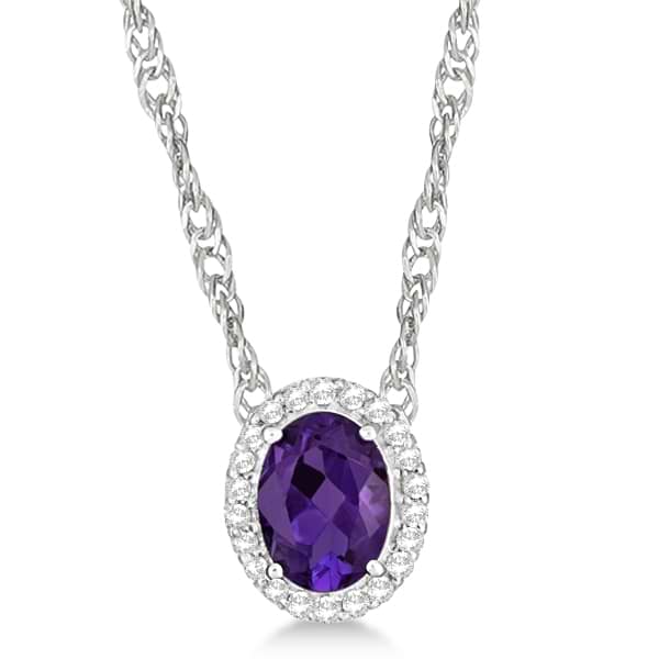 Ladies Oval Amethyst & Diamond Halo Necklace Sterling Silver 1.30ctw