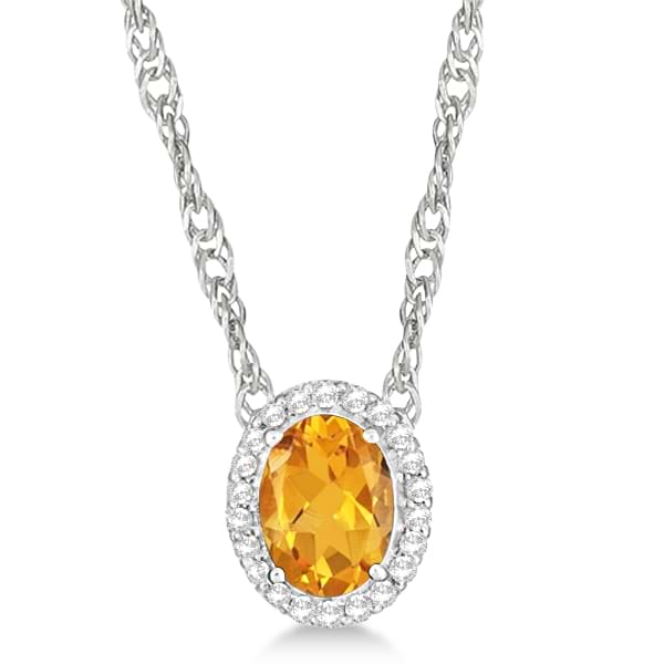 Ladies Oval Citrine & Diamond Halo Necklace Sterling Silver 1.30ctw
