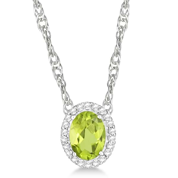 Ladies Oval Peridot & Diamond Halo Necklace Sterling Silver 1.50ctw