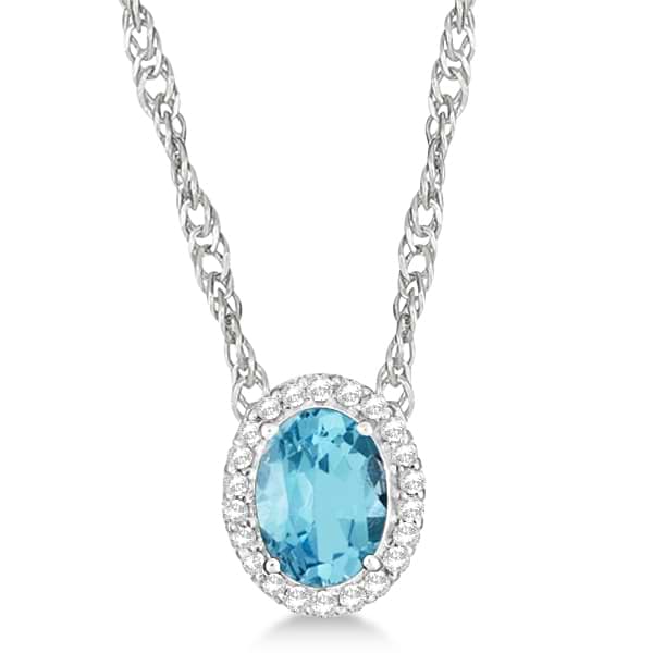 Oval Swiss Blue Topaz & Diamond Halo Necklace Sterling Silver 1.65ctw