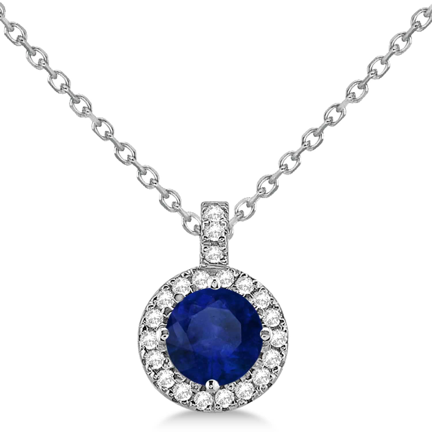 Blue Sapphire & Diamond Halo Pendant Necklace 14k White Gold (2.33ct)