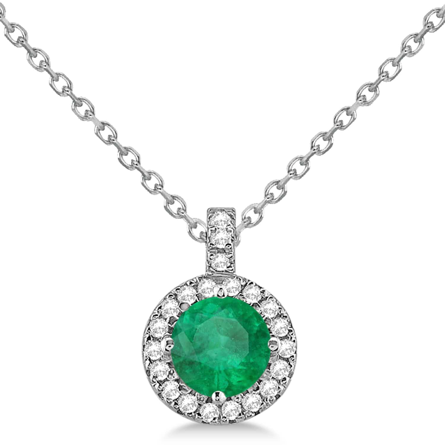 Emerald & Diamond Halo Pendant Necklace 14k White Gold (2.18ct)