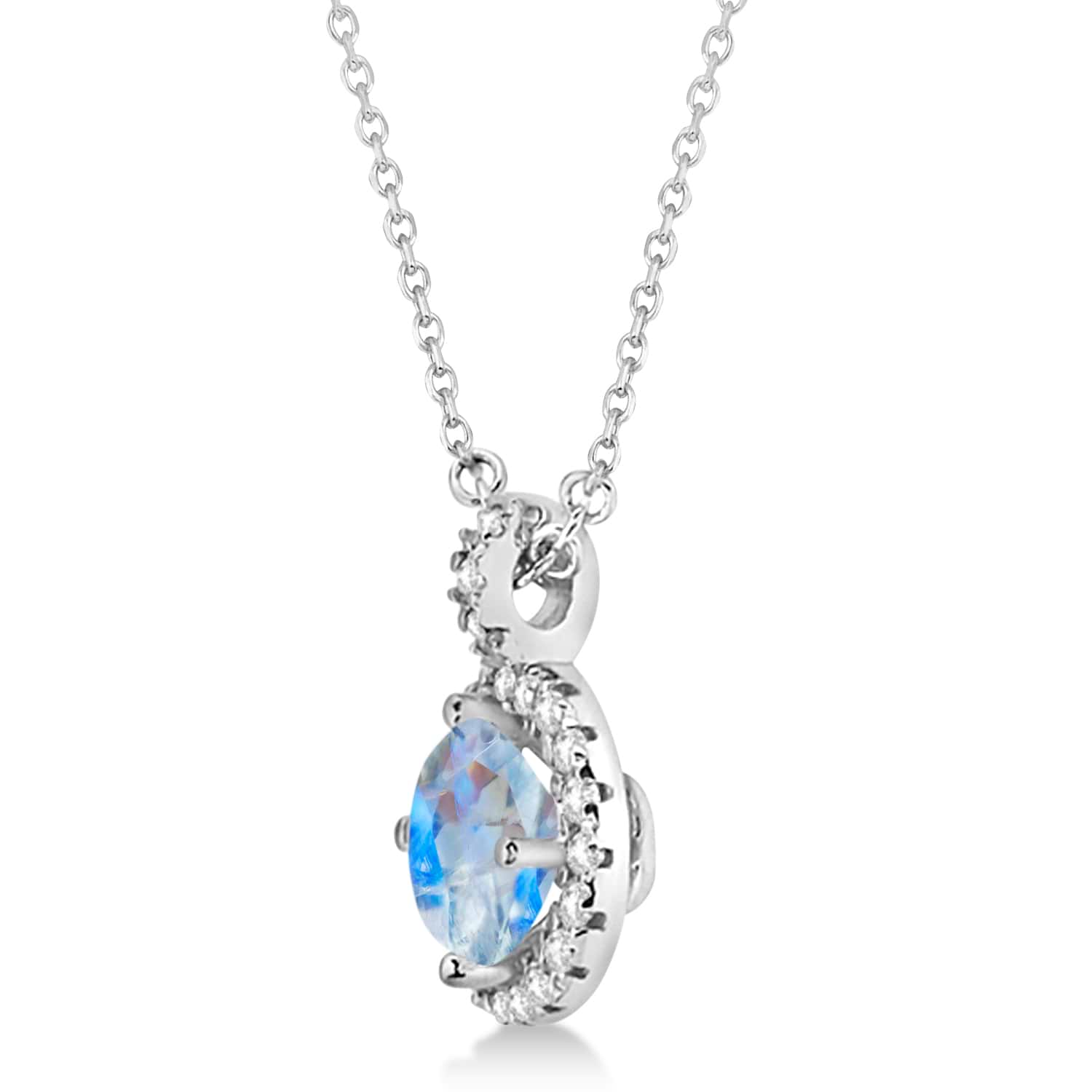 Moonstone & Diamond Halo Pendant Necklace 14k White Gold (2.25ct)