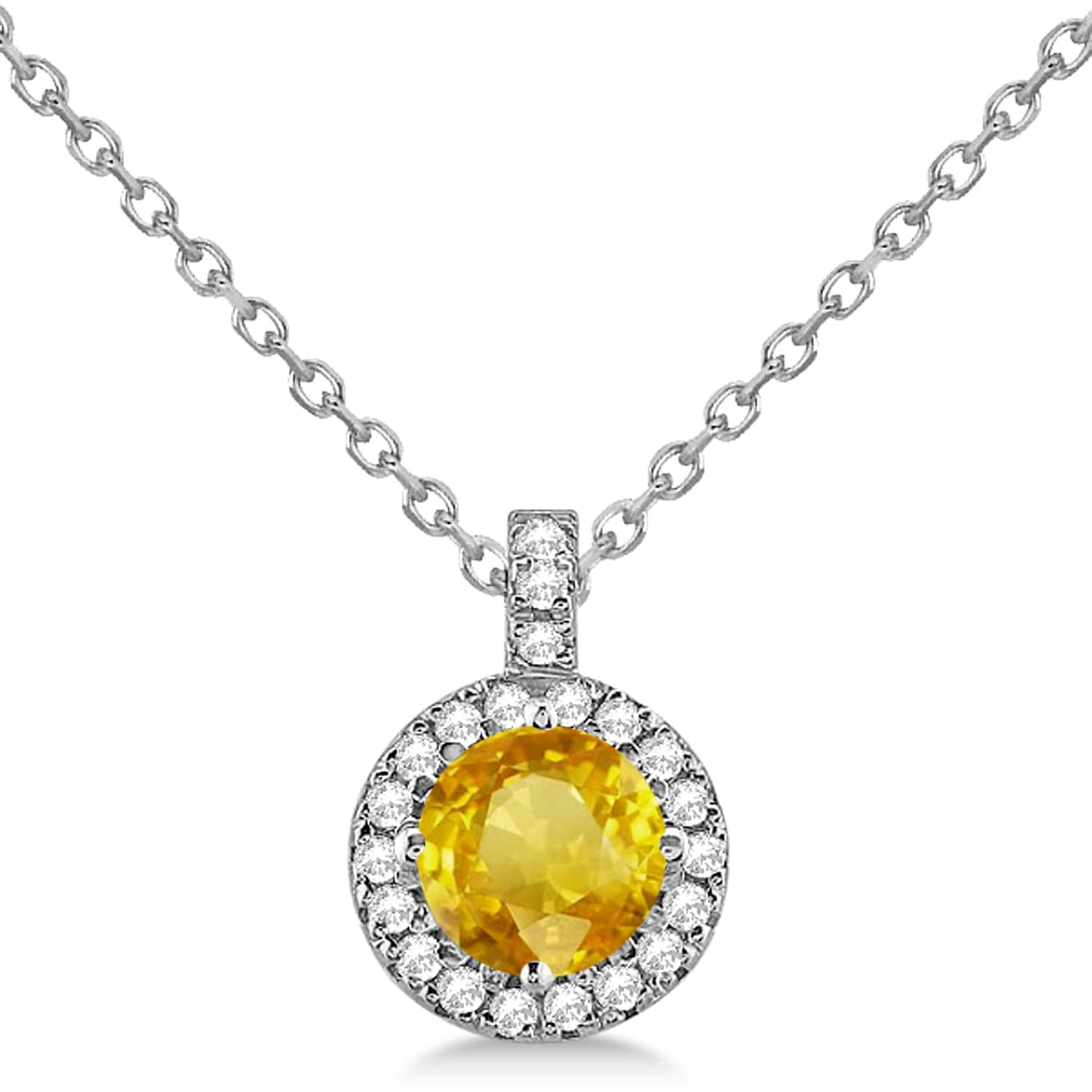 Yellow Sapphire & Diamond Halo Pendant Necklace 14k White Gold (2.33ct)