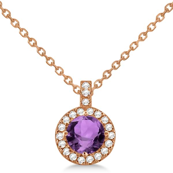 Amethyst & Diamond Halo Pendant Necklace 14k Rose Gold (0.77ct)