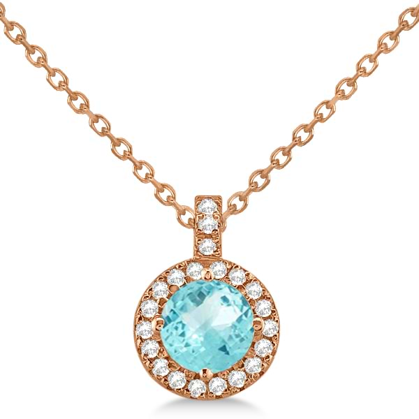 Aquamarine & Diamond Halo Pendant Necklace 14k Rose Gold (0.82ct)