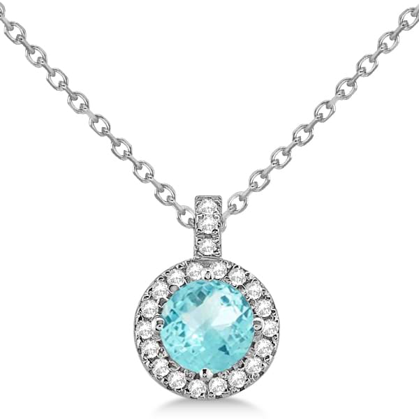 Aquamarine & Diamond Halo Pendant Necklace 14k White Gold (0.82ct)