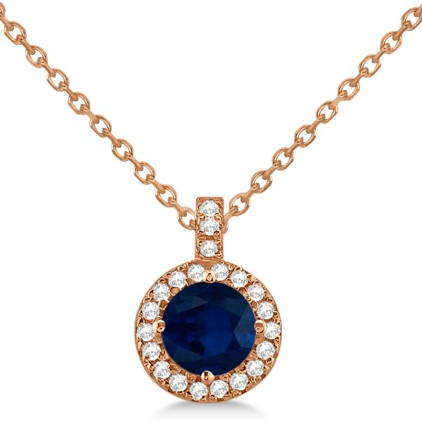 Blue Sapphire & Diamond Halo Pendant Necklace 14k Rose Gold (1.07ct)