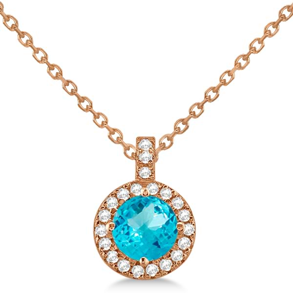 Blue Topaz & Diamond Halo Pendant Necklace 14k Rose Gold (0.98ct)