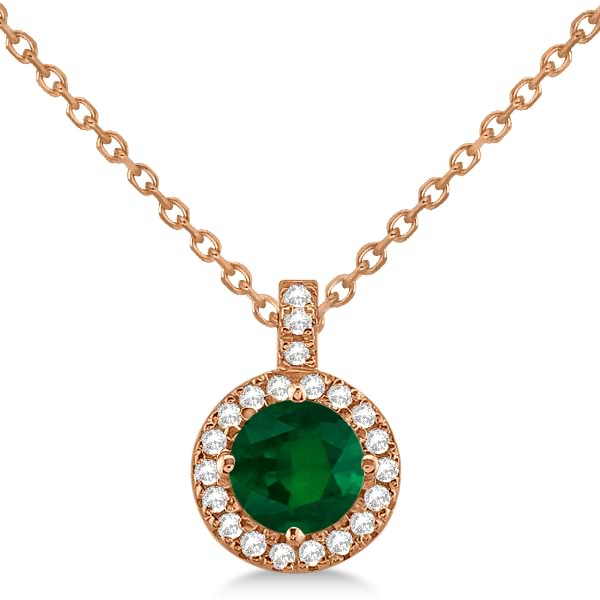 Emerald & Diamond Halo Pendant Necklace 14k Rose Gold (0.90ct)