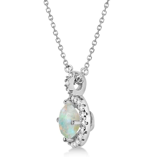 Opal & Diamond Halo Pendant Necklace 14k White Gold (0.68ct)