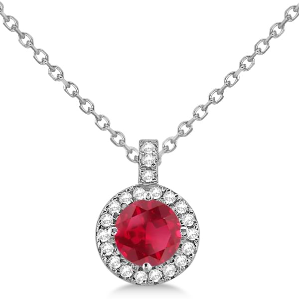 Ruby & Diamond Halo Pendant Necklace 14k White Gold (1.07ct)