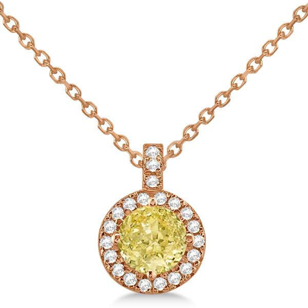 Yellow Diamond & Diamond Halo Pendant Necklace Round  14k Rose Gold (1.00ct)