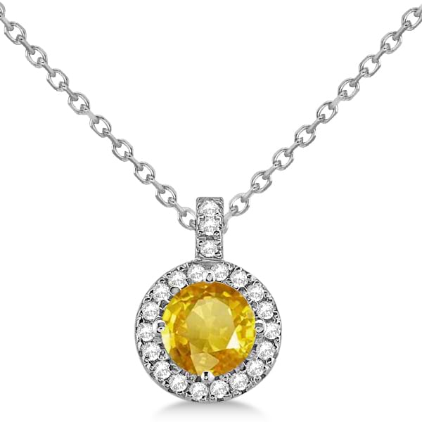 Yellow Sapphire & Diamond Halo Pendant Necklace 14k White Gold (1.07ct)