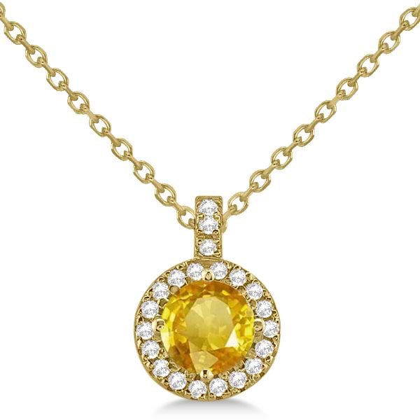 Yellow Sapphire & Diamond Halo Pendant Necklace 14k Yellow Gold (1.07ct)