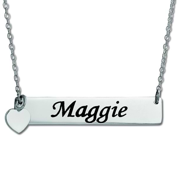 Personalized Bar Name Necklace Pendant w/ Heart Charm Sterling Silver