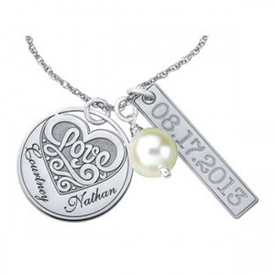 Personalized Charm Necklace Pendant w/ Freshwater Pearl 14k White Gold